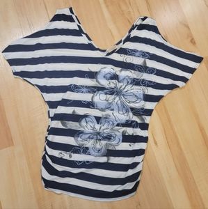 Womens Open Shoulder Striped Floral Ruched Shirt